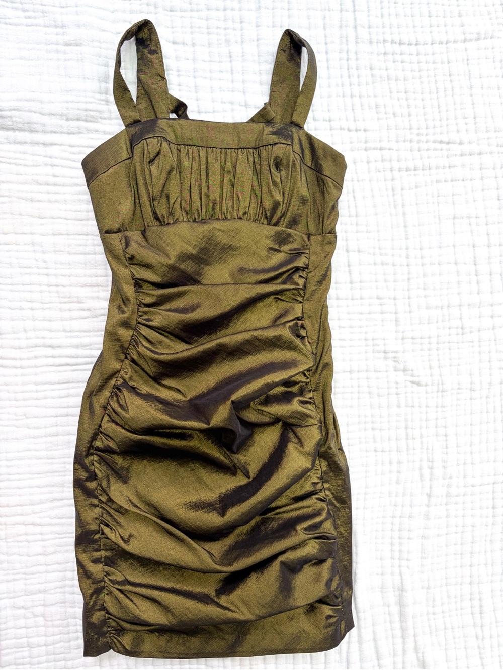 Vintage Y2K Jessica McClintock Olive Ruched Mini Dress Size 8 Strappy Back